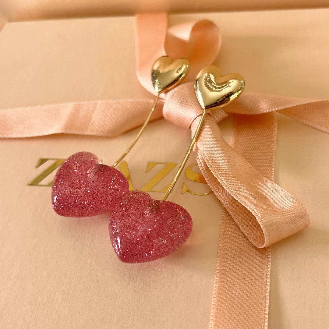 Pink Cherry heart resin Front-Back earrings