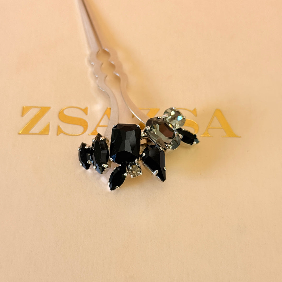 Preciosa crystals black and grey silver hair pin