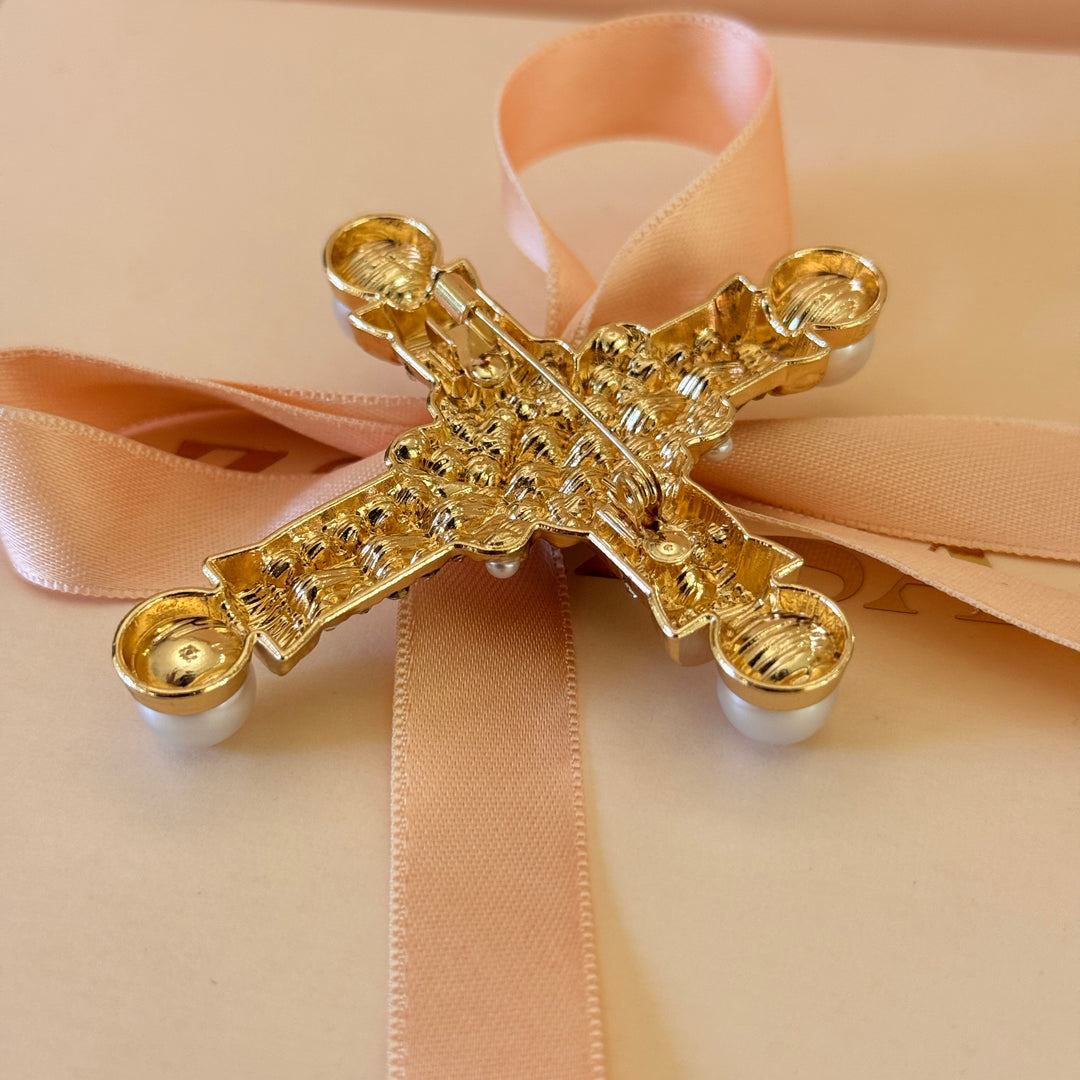 Cross pearl and rhinestone gold plated brooch