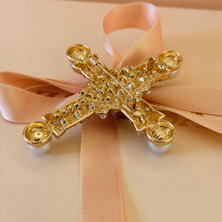 Cross pearl and rhinestone gold plated brooch