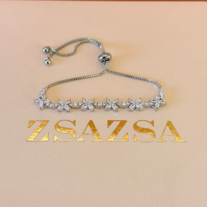 Flower and marquise zircone silver bracelet
