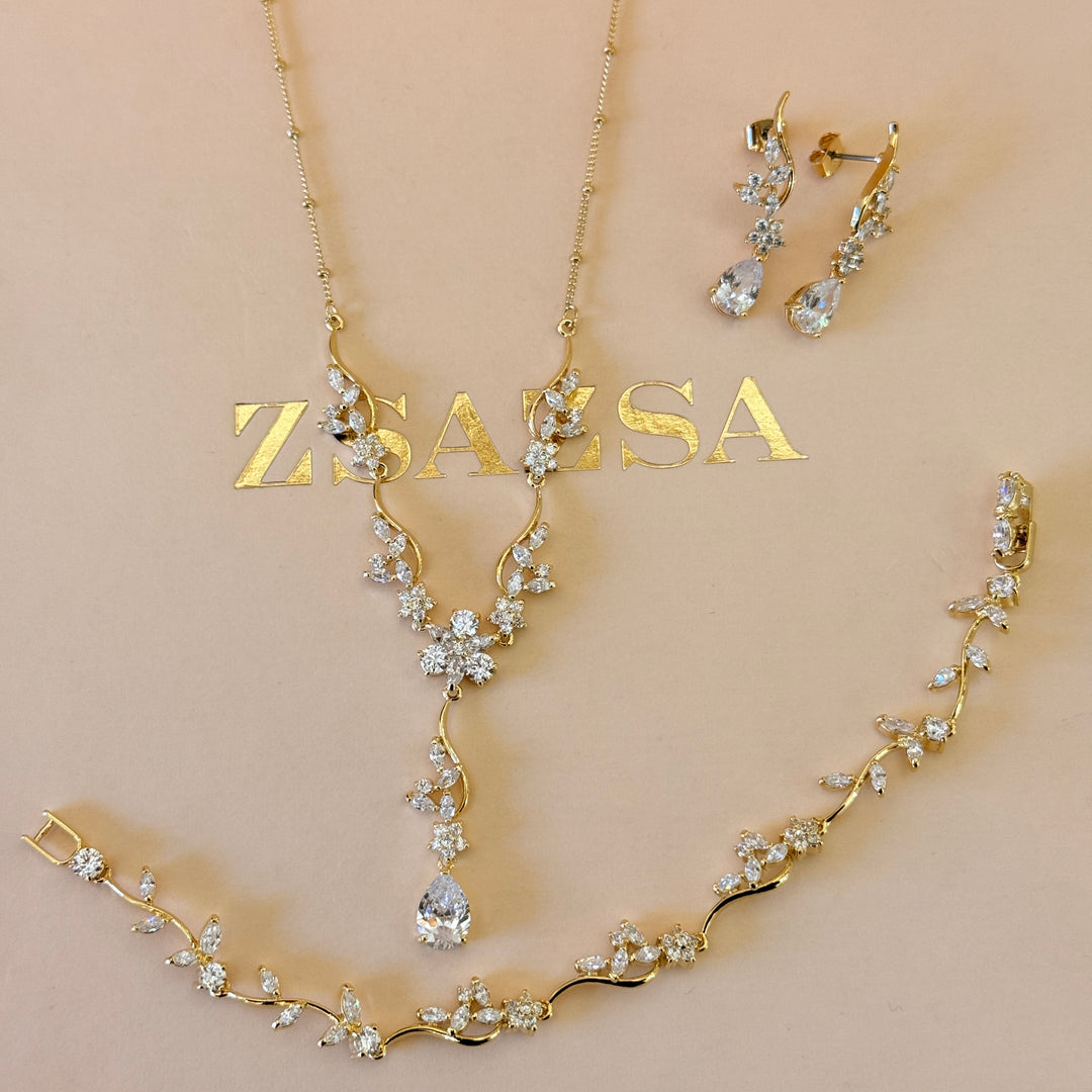 Teardrop and flower zircone gold plated set