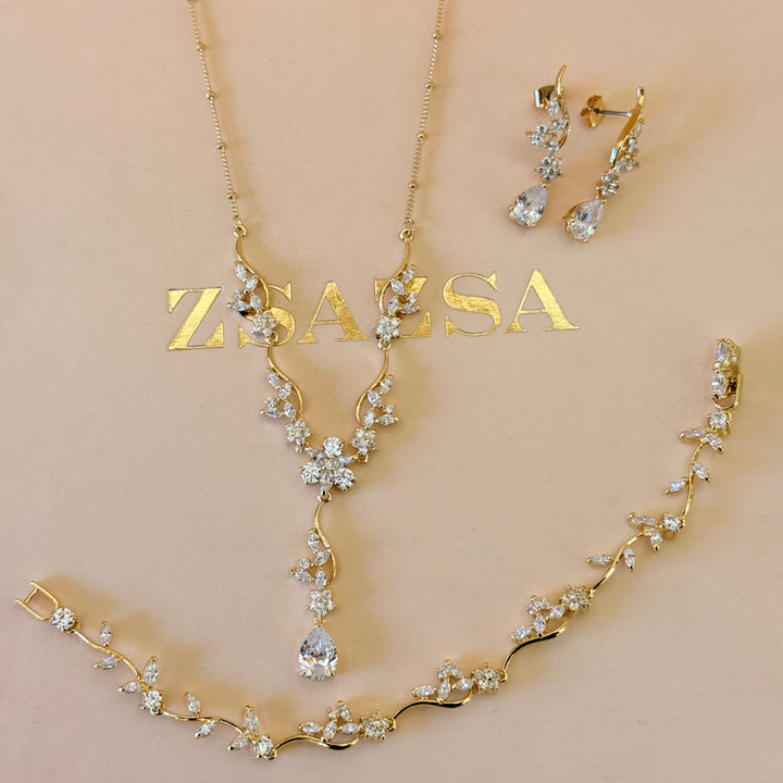 Teardrop and flower zircone gold plated set