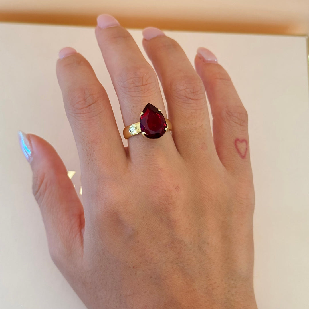 Marquise and teardrop dark red Swarovski crystals gold plated set