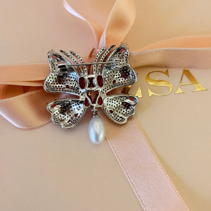 Butterfly Fuchsia and pearl zircone silver brooch