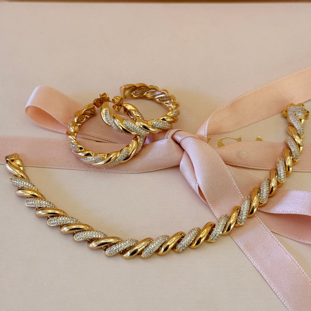 Twisted zircone gold plated hoops and bracelet set