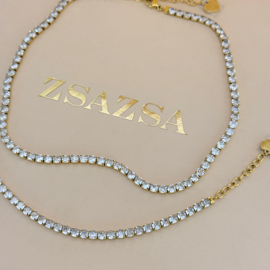Zircone tennis gold plated stainless steel necklace & bracelet