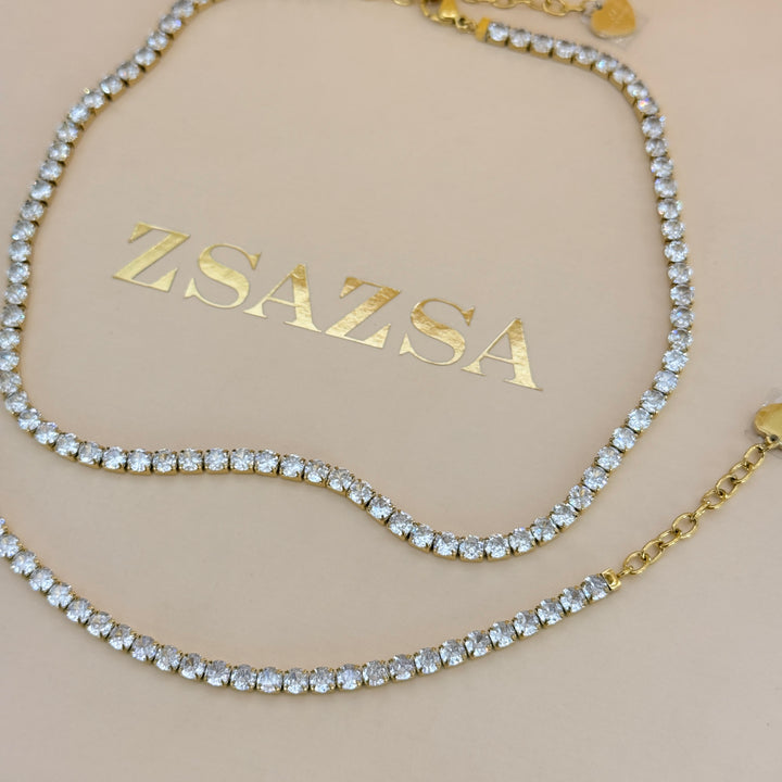 Zircone tennis gold plated stainless steel necklace & bracelet