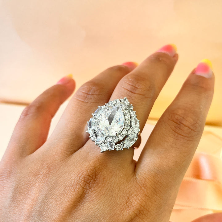 Zircone teardrop and marquise white gold plated ring