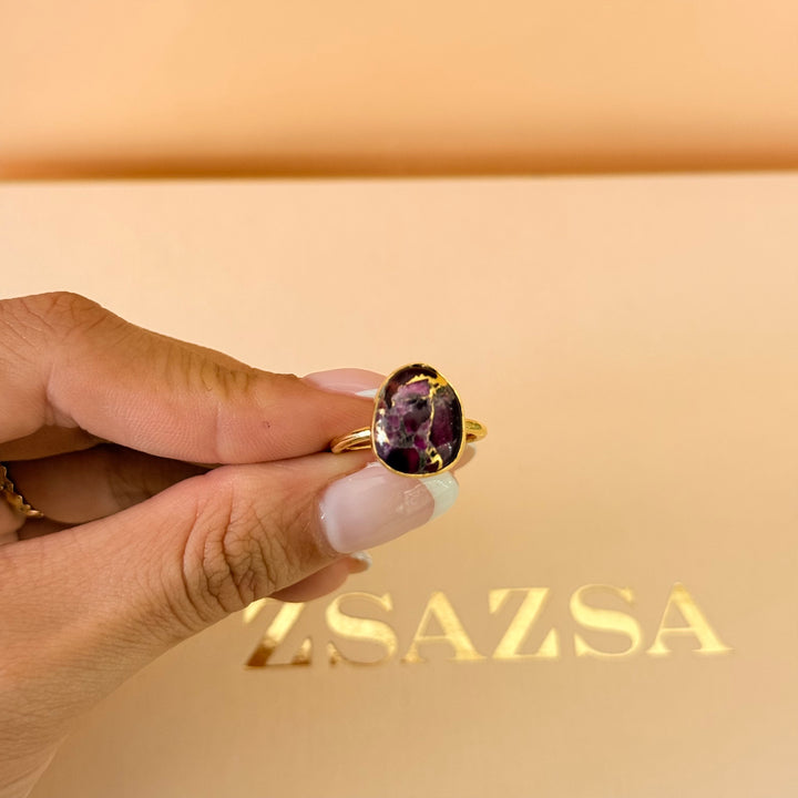 Purple natural stone earrings and ring