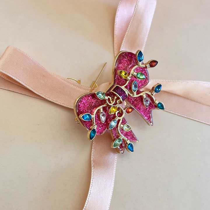 Pink Christmas bow brooch