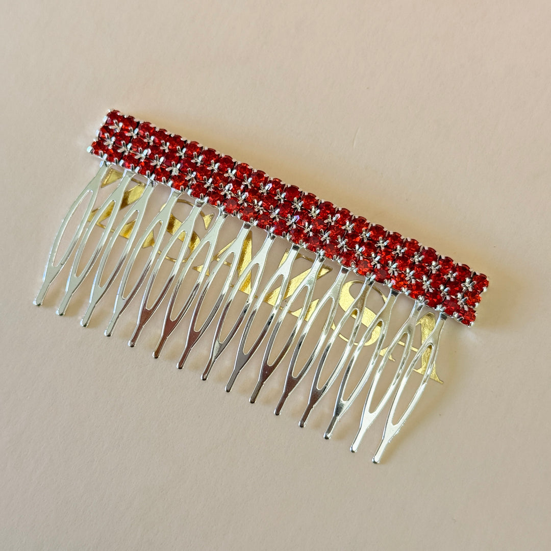 Rhinestone 3 rows red silver comb