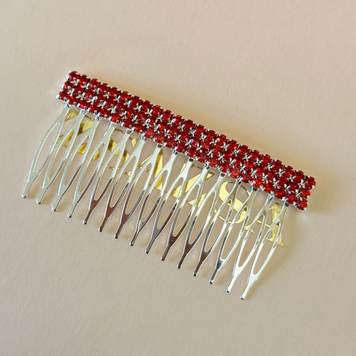 Rhinestone 3 rows red silver comb