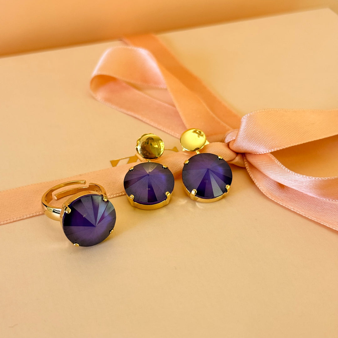 Round Purple Swarovski crystals earrings and ring