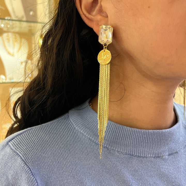 Swarovski crystals Rectangular gold plated long earrings