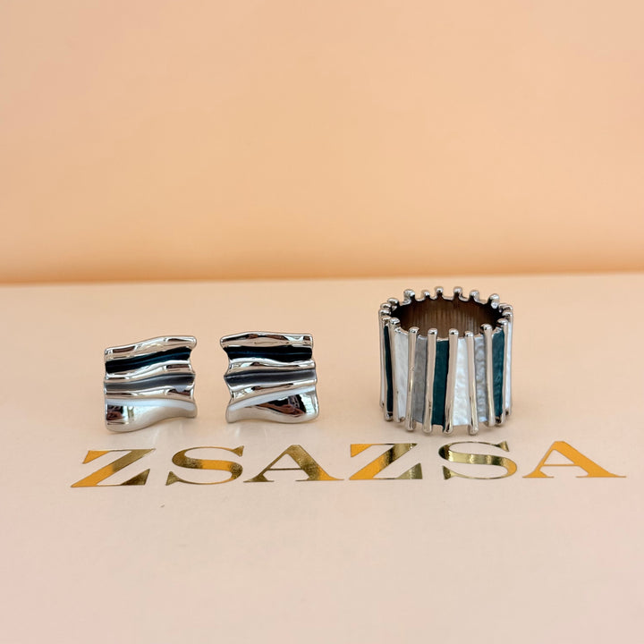 Blue, grey and white silver enamel earrings and ring