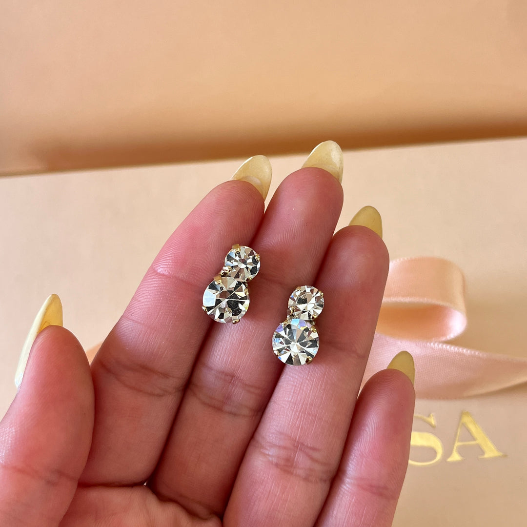 Double Swarovski crystals gold plated studs