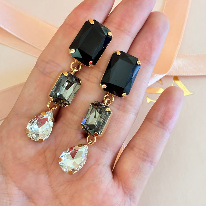 Rectangular black and grey Preciosa crystals earrings