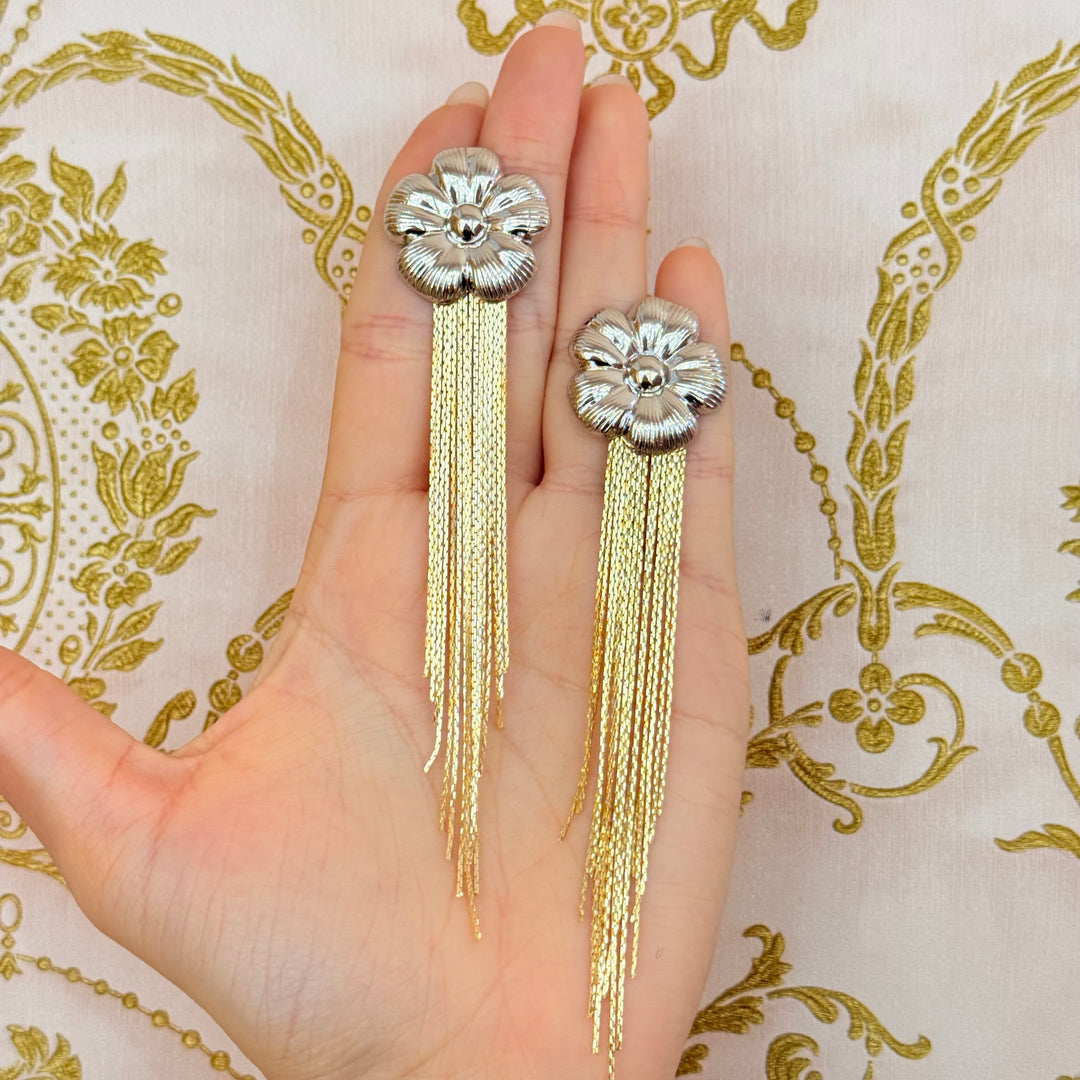 White Gold Plated Floral Earrings with Gold Plated Fringe