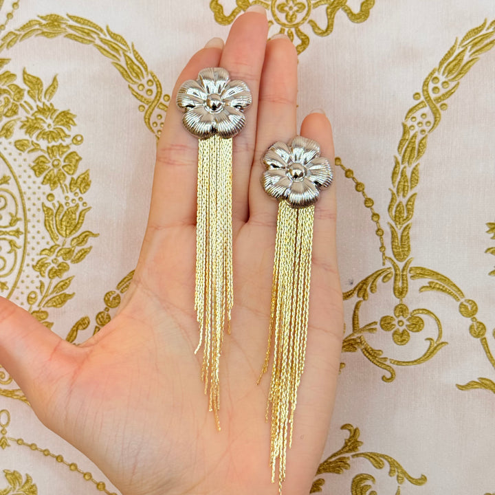 White Gold Plated Floral Earrings with Gold Plated Fringe