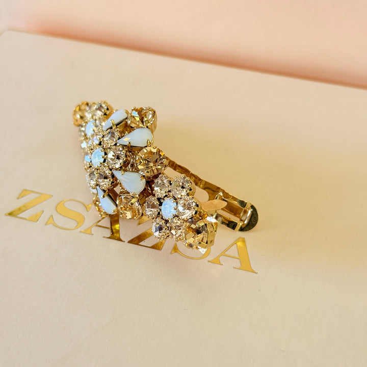 Swarovski crystals flowers peach & white gold hair clip