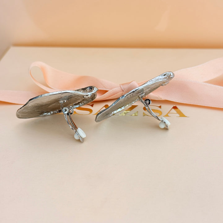 Plain texture leaf silver clip on earrings
