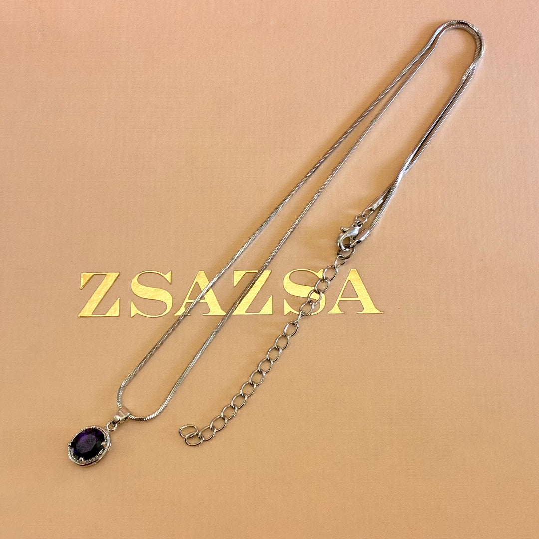 Oval purple zircone silver pendant set
