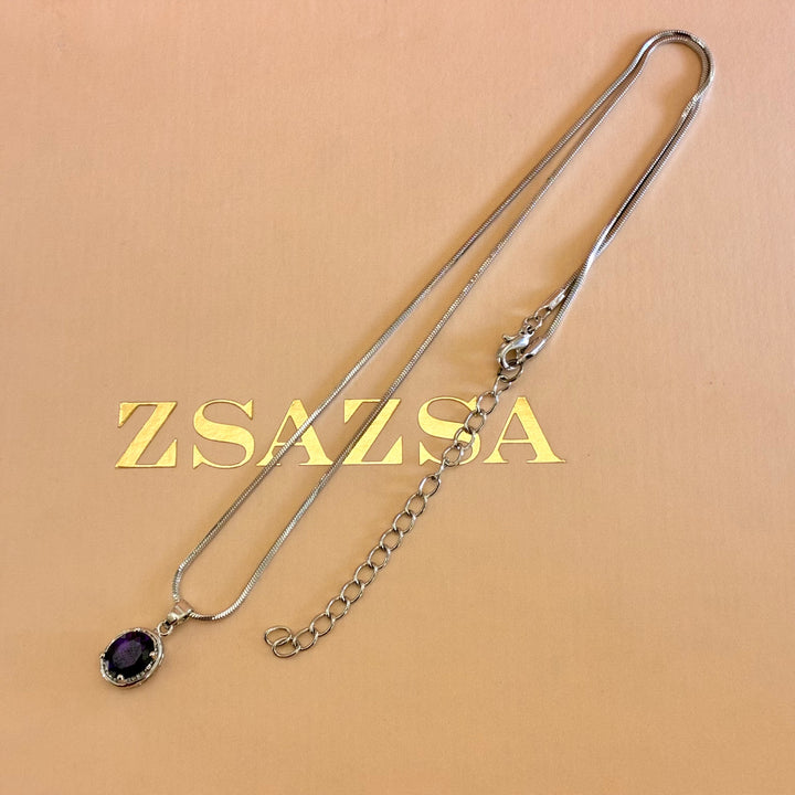 Oval purple zircone silver pendant set