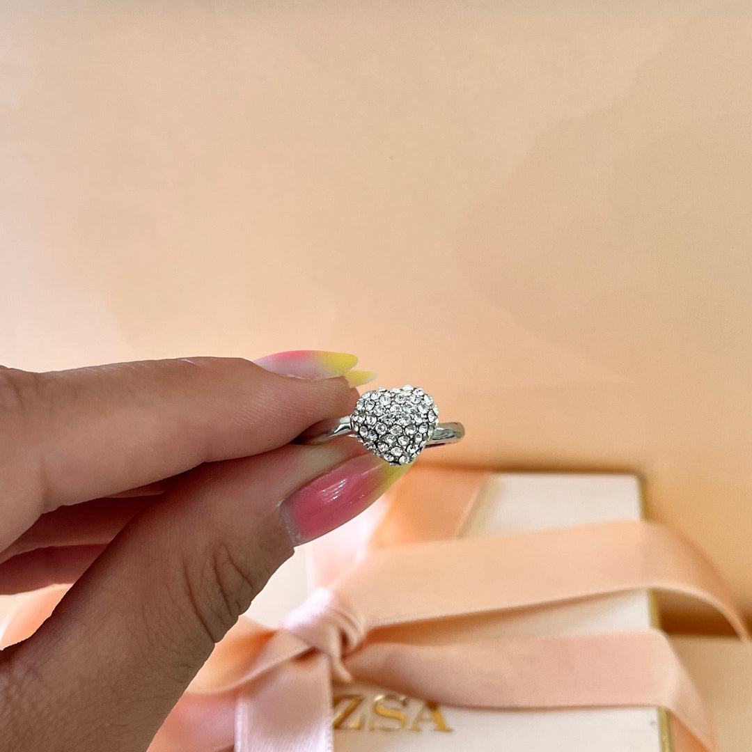 Rhinestone white gold plated heart ring