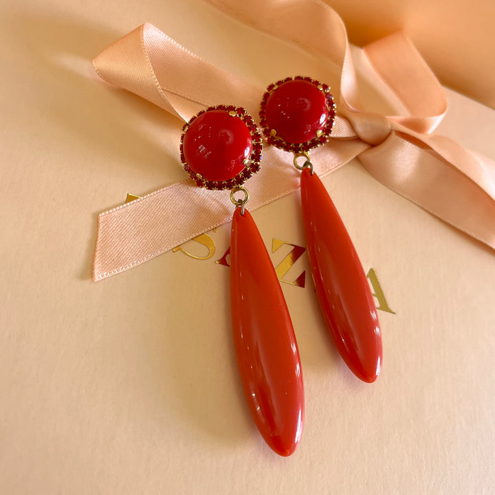 Red Swarovski crystals long earrings