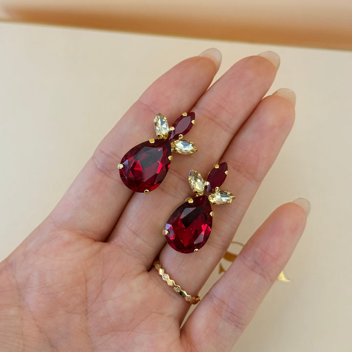 Marquise and teardrop dark red Swarovski crystals gold plated set
