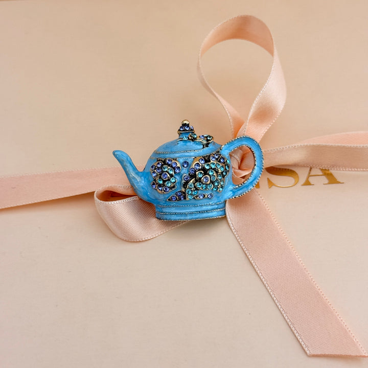 Teapot turquoise rhinestone brooch