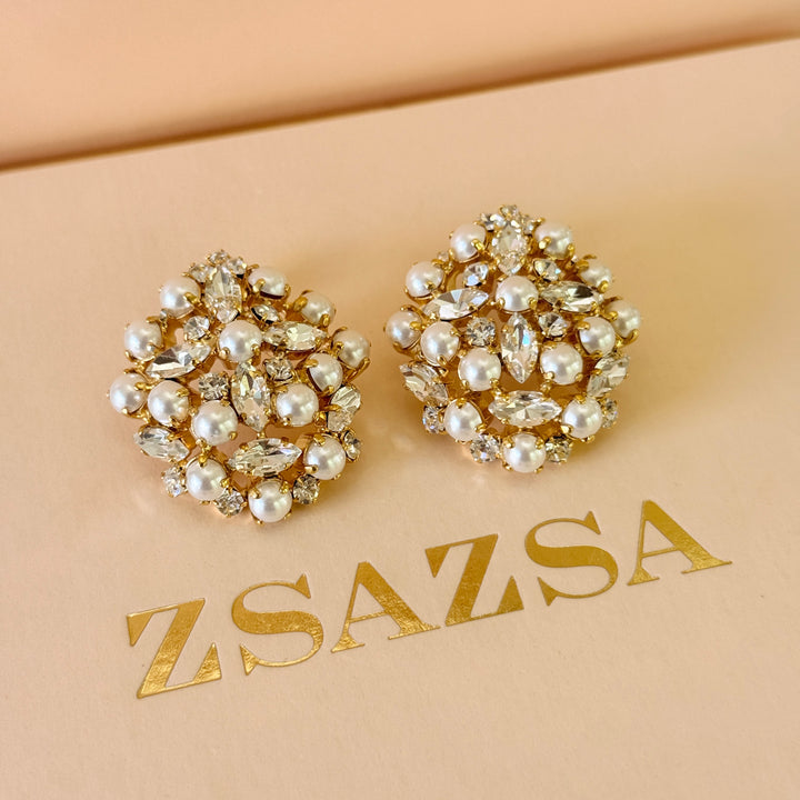Preciosa crystals & pearls chunky gold plated pendant set