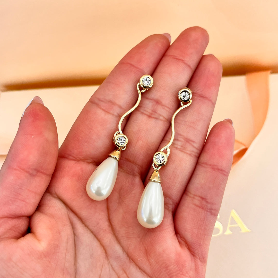 Rhinestone and ivory pearls gold plated earrings