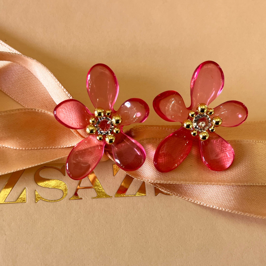Fuchsia flower resin gold plated  earrings