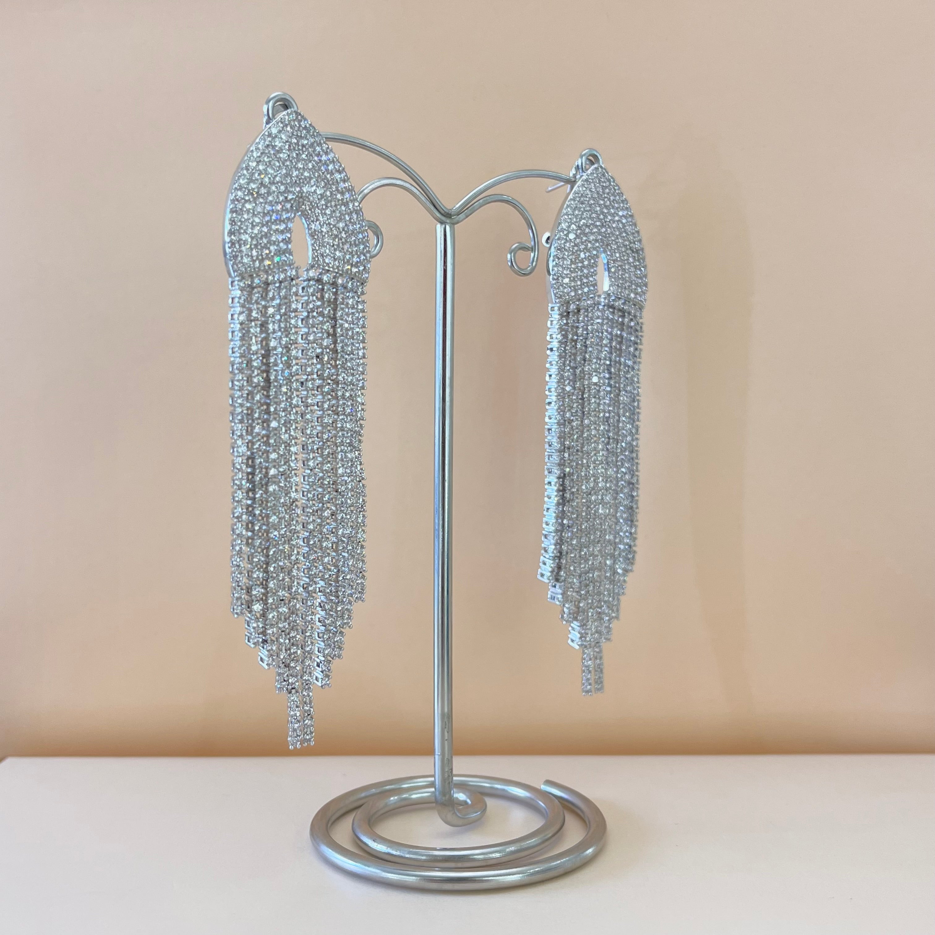 Silver zircone fringe earrings