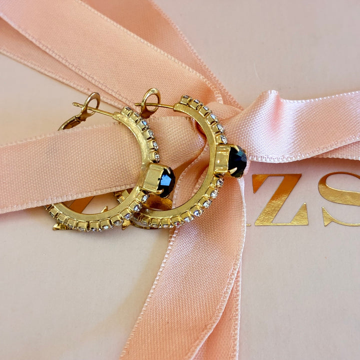 Black Swarovski crystals gold plated hoops