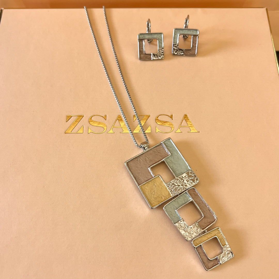 Enamel mint, gold and bronze square white gold plated set