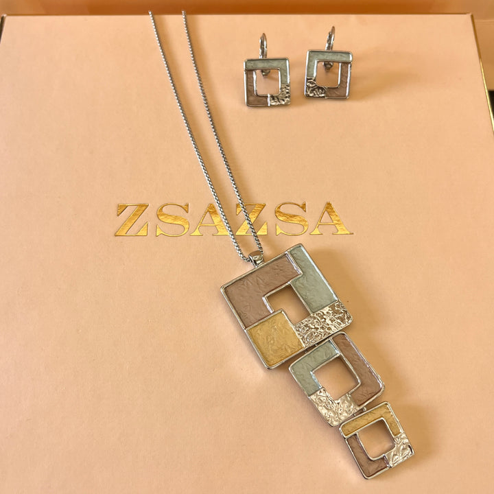Enamel mint, gold and bronze square white gold plated set