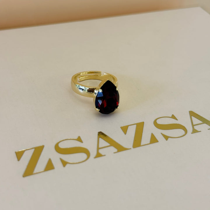 Marquise and teardrop dark red Swarovski crystals gold plated set