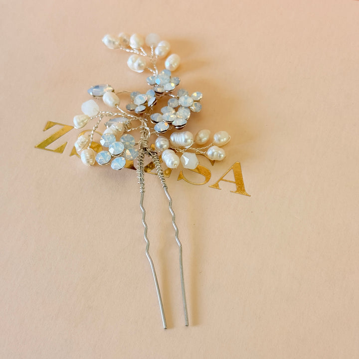 Swarovski crystals white and fresh water pearls silver hair pin