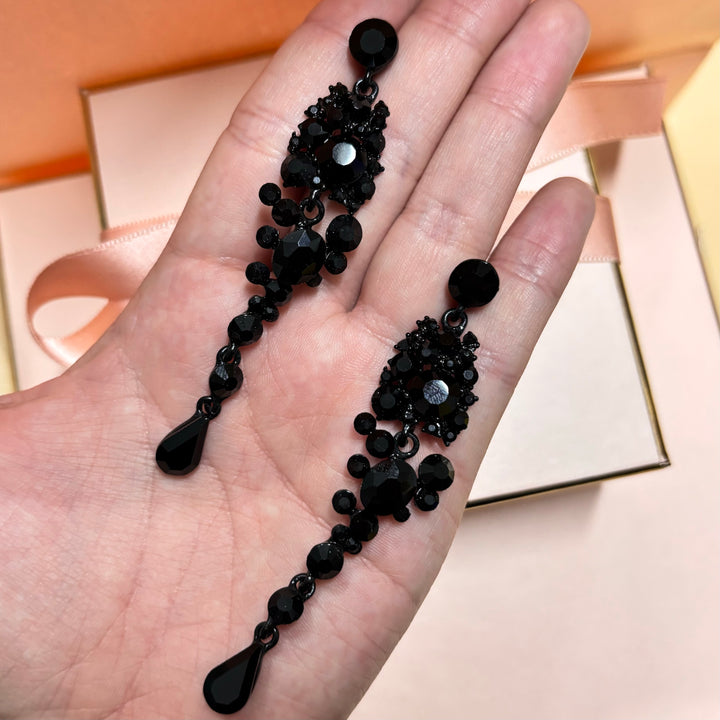 Long elegant black rhinestone earrings