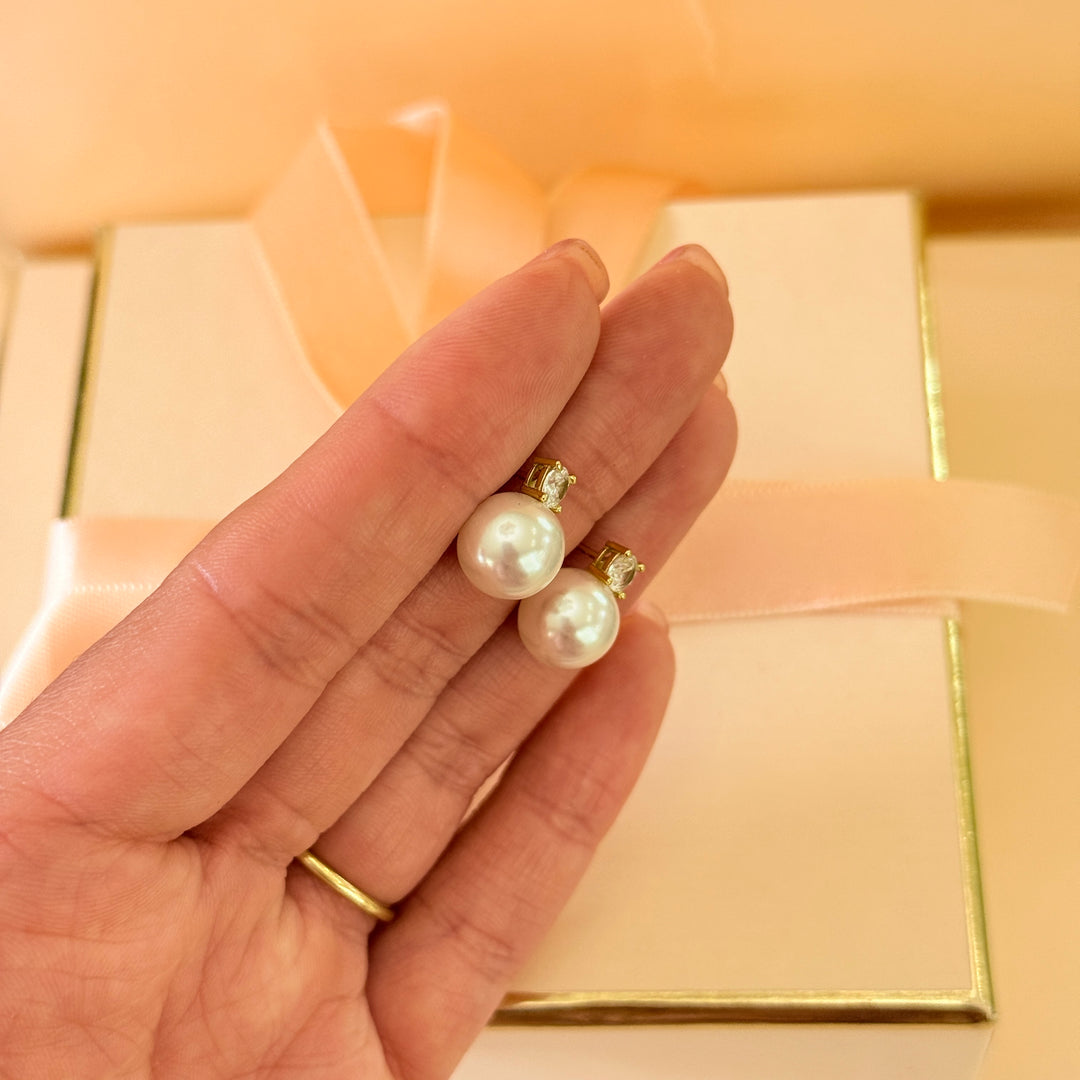Small zircone and pearl sterling silver gold plated earrings