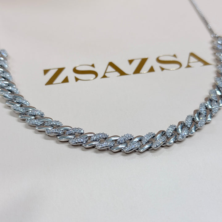 Chain design zircone silver necklace and bracelet