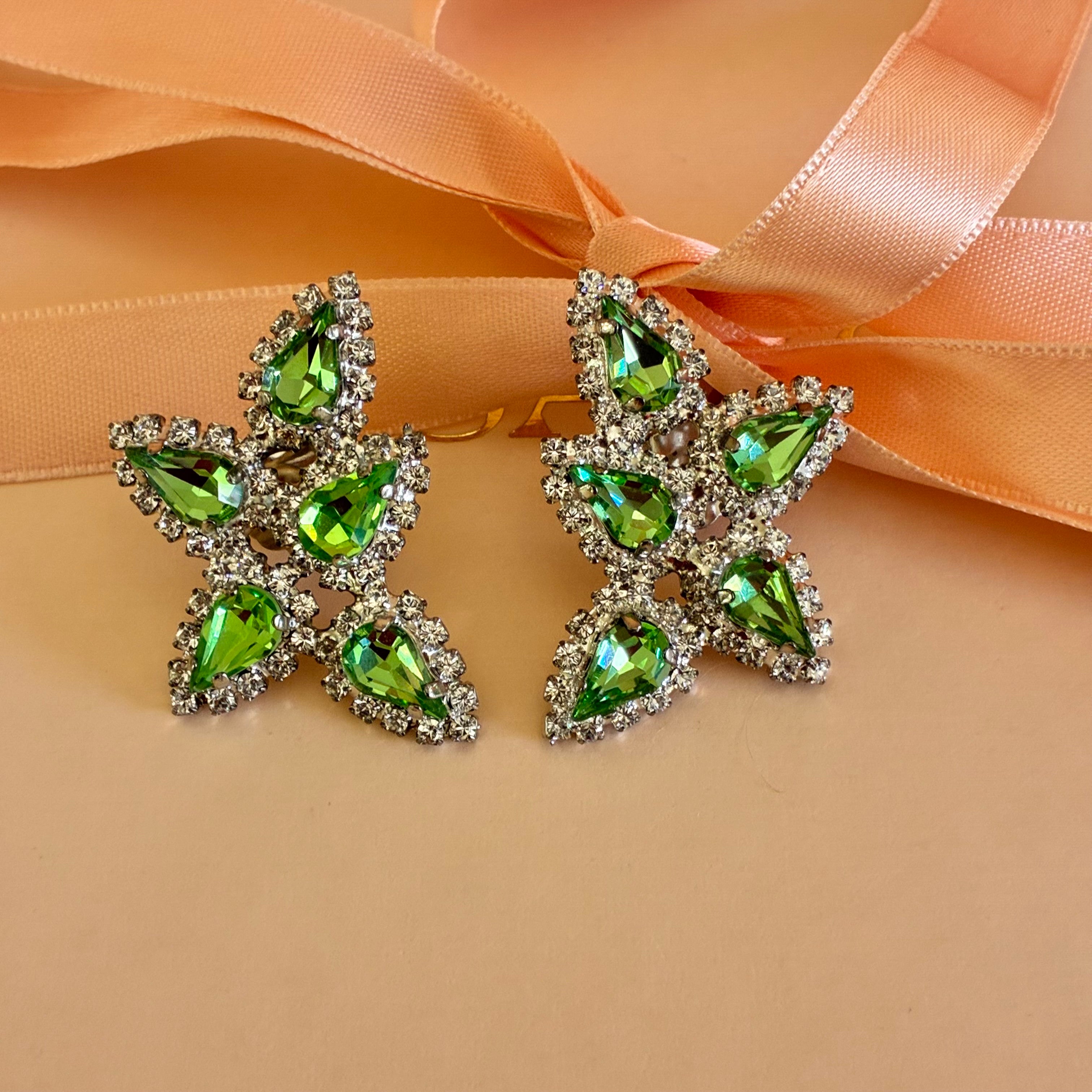 Green teardrops Swarovski crystals silver set