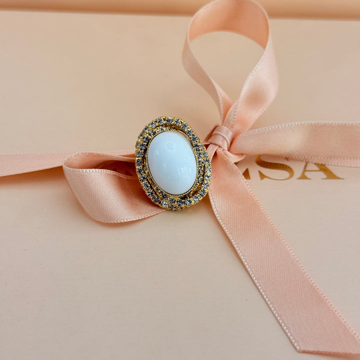 Oval White preciosa crystals gold plated brooch