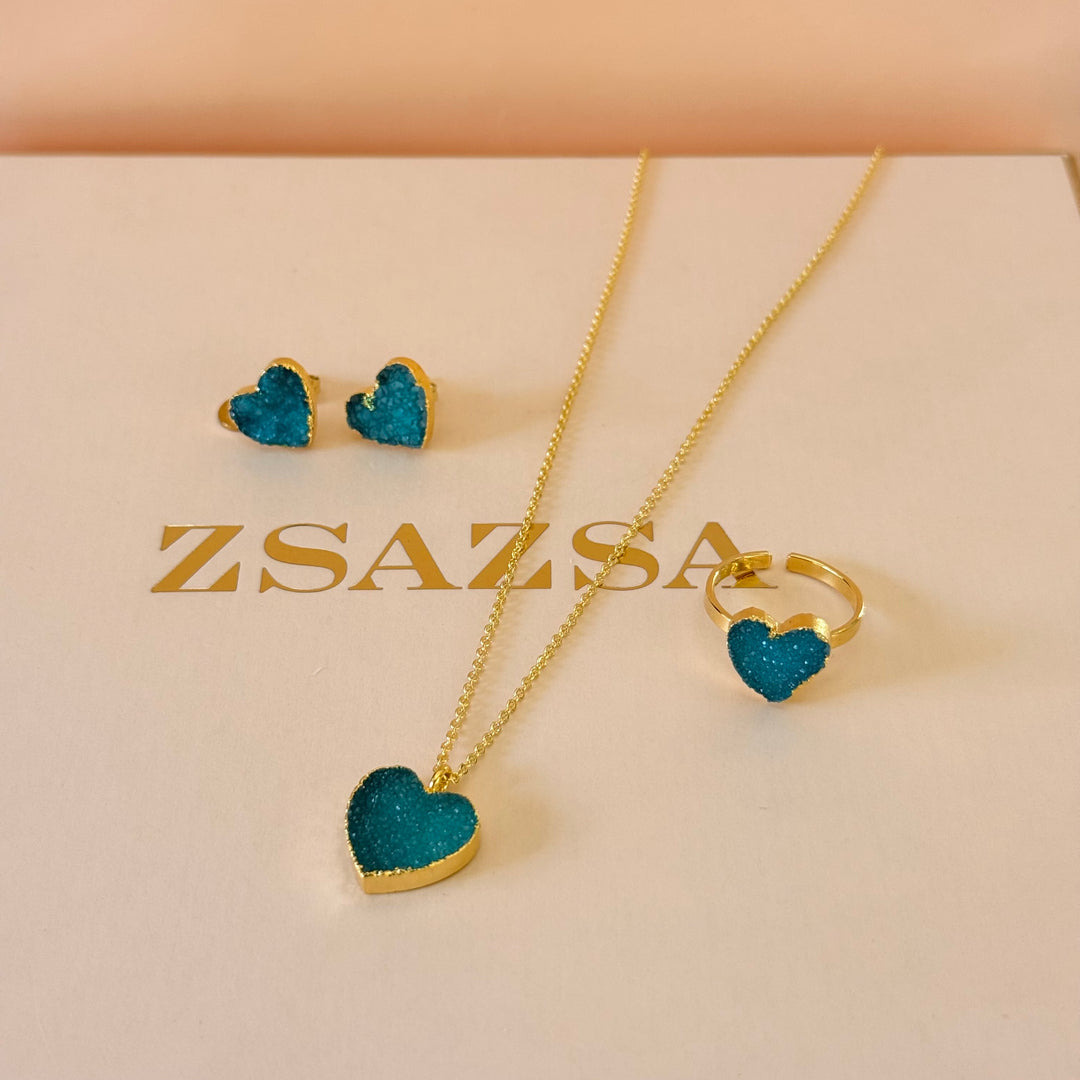 Green agathe heart gold plated set