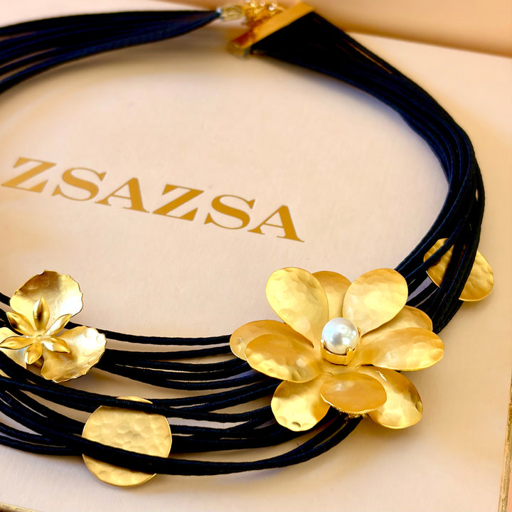 Handmade Floral Gold with Strand Cord Necklace | Gold Plated | ZsaZsa