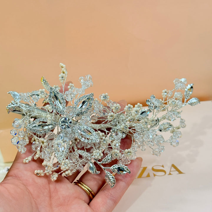 Swarovski crystals & dainty pearls leaves silver hair clip