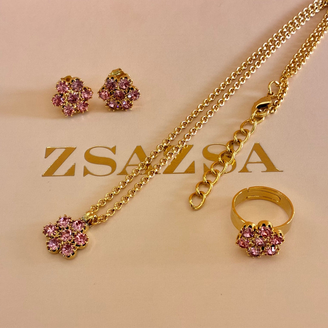 Flower pink crystals gold plated set